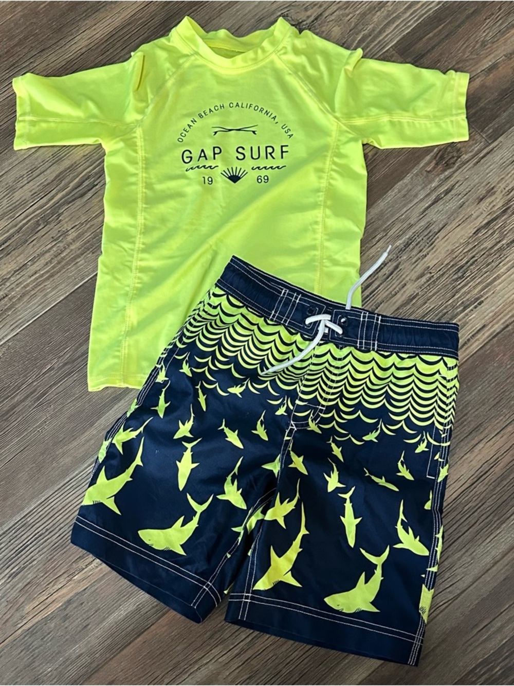 GAP kids neon rashguard shirt and shark swim trunks boys S 6/7 swimsuit shorts